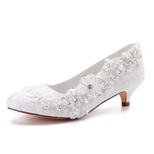 Produktbild: Emily Bridal Spitze Mutter Schuhe Runde Zehe Hochzeit Schuhe Elfenbein Brautschuhe (EU41, Elfenbein)