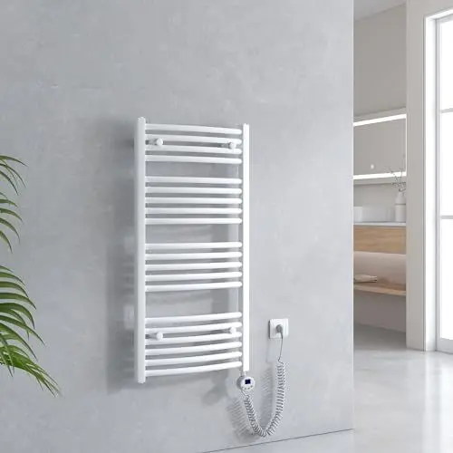 Produktbild: EMKE Badheizkörper Elektrisch mit Thermostat 1000 x 500 mm, Gebogen Handtuchheizkörper Elektrisch Handtuchwärmer Handtuchtrockner Elektrischer Handtuchhalter mit Heizstab Weiß 500W
