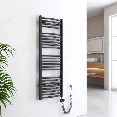 Produktbild: EMKE Handtuchheizkörper Elektrisch 1200 x 400 mm, Gebogen Badheizkörper Elektrisch mit Thermostat, Handtuchtrockner Handtuchwärmer mit Timer Anthrazit 500W