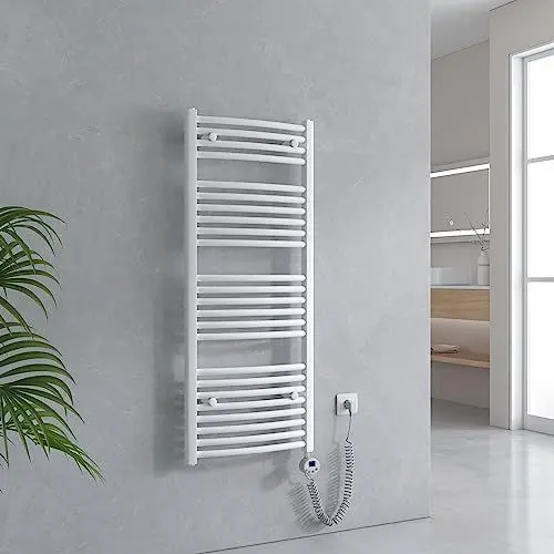 Produktbild: EMKE Handtuchheizkörper Elektrisch 1200 x 500 mm, Gebogen Badheizkörper Elektrisch mit Thermostat, Handtuchtrockner Handtuchwärmer mit Timer Weiß 500W