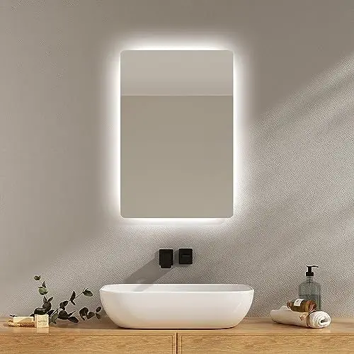 Produktbild: EMKE Badspiegel mit Beleuchtung 40x60cm, Badezimmerspiegel mit Beschlagfrei, 2 Lichtfarbe Warmweiß/Kaltweiß, Kippschalter, IP44 energiesparend Explosionsgeschützte Spiegel