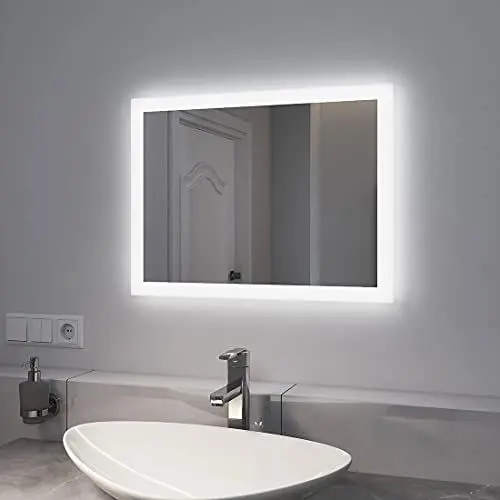 Produktbild: EMKE Badspiegel mit Beleuchtung 45x60cm Badezimmerspiegel mit Antibeschlag, Druckknopfschalter, Warmweißes Licht und Kaltesweißes Licht IP44 energiesparend Badspiegel
