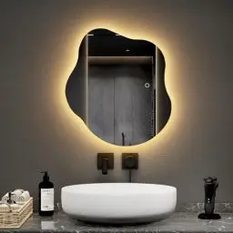 Produktbild: EMKE Badspiegel mit Beleuchtung 50 x 45 cm Asymmetrischer Spiegel mit Beleuchtung Touch-Schalter, 3 Lichtfarben Dimmbar, Beschlagfrei Badezimmerspiegel mit Beleuchtung IP44 Energiesparend LED Spiegel