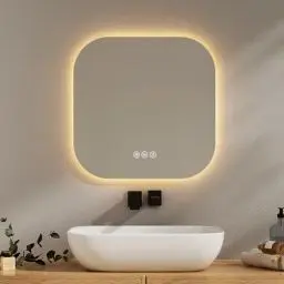 Produktbild: EMKE Badspiegel mit Beleuchtung 50x50cm mit 3 Lichtfarbe Dimmbar, Antibeschlag, Touchschalter, Speicherfunktion, Energiesparend Badezimmerspiegel