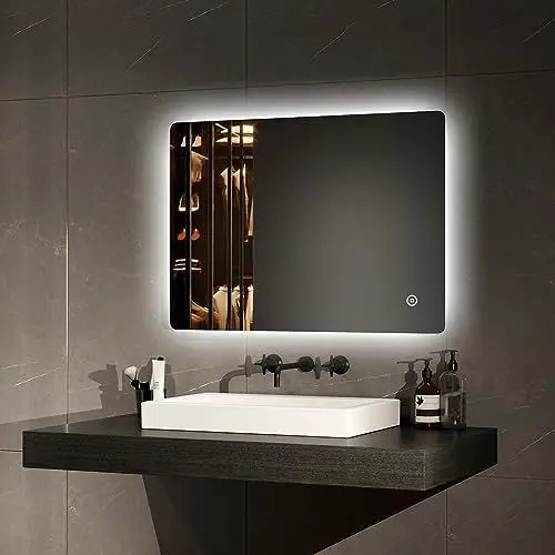 Produktbild: EMKE Badspiegel mit Beleuchtung 50x70cm Einstellbare Helligkeit Badezimmerspiegel LED mit Touchschalter, Speicherfunktion kaltweiß Lichtspiegel IP44 energiesparend