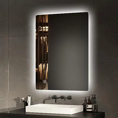 Produktbild: EMKE Badspiegel mit Beleuchtung 80x60cm mit Touch, Antibeschlag, Einstellbare Helligkeit, Speicherfunktion, Kaltweiß 6500K Badezimmerspiegel energiesparend Spiegel mit Beleuchtung