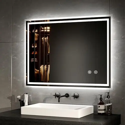 Produktbild: EMKE Badspiegel mit Beleuchtung 90x70cm Badezimmerspiegel mit Antibeschlag, Touchschalter, kaltweiß dimmbar, Speicherfunktion, 3 Stunde automatische Abschaltung, Energiesparend Wandspiegel