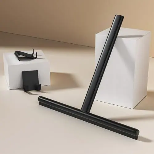 Produktbild: EMKE Duschabzieher Schwarz Silikon 22 cm breit, ohne Bohren, Fensterabzieher, Glasabzieher mit Edelstahl Kern, Duschwischer mit Halterung für Dusche, Spiegel, Fenster, Badezimmer