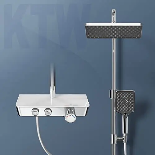Produktbild: EMKE Duschset mit Thermostat, Duschsystem Dusche Regendusche Set Handbrause mit 3 Strahlstärken, Duschsäuleset Duschgarnitur mit glasablage,KTW Zertifizieren Duschsystem mit Thermostat, Chrom