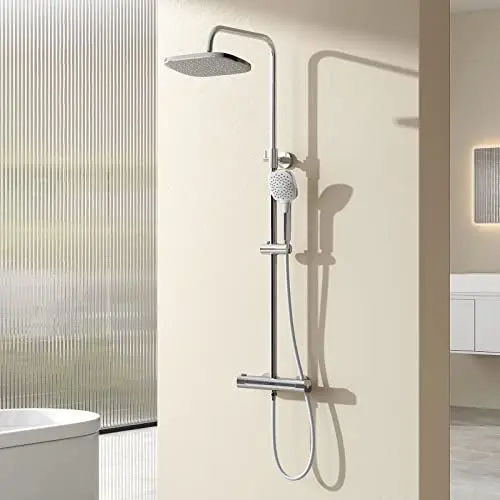 Produktbild: EMKE Duschsystem Duschset mit Theramostat Regendusche und Handbrause,38℃ Thermostat Duschsäuleset, Freie Winkel- und Höhenverstellung Duschset, KTW Zertifizieren, Quadratisch, Chrom