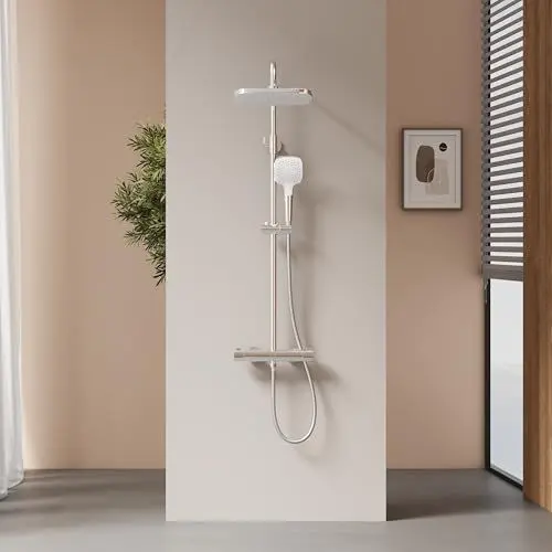 Produktbild: EMKE Duschsystem mit Thermostat, 38℃ Thermostat Duschsäulese, Duscharmatur Komplettset mit 28 cm Quadratisch-Overhead Regendusche, 86-119cm Höhenverstellbare Duschstange, KTW-Zertifiziert, Chrom