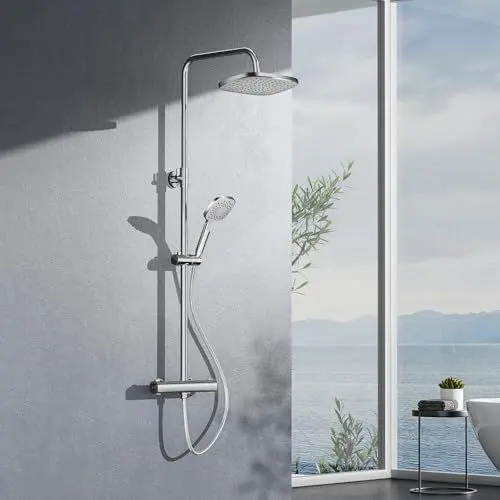 Produktbild: EMKE Duschsystem mit Thermostat, 38℃ Thermostat Duschsäulese, Duscharmatur Komplettset mit 28 cm Quadratisch-Overhead Regendusche, 86-119cm Höhenverstellbare Duschstange, KTW Zertifizieren, Chrom