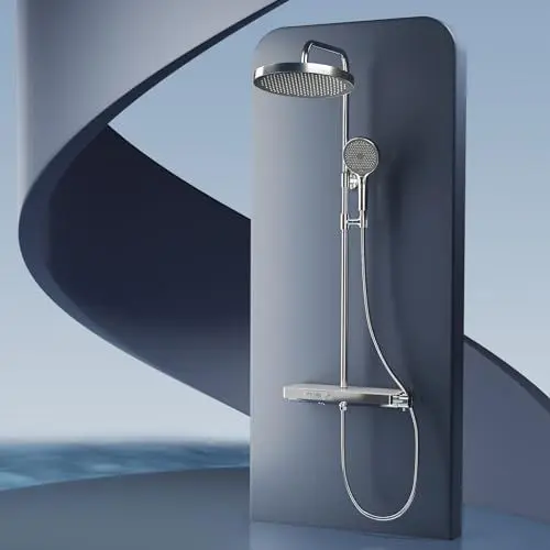 Produktbild: EMKE® Duschsystem mit Thermostat 40 cm Glasablage Duschsystem Regendusche,Übergröße Regendusche + Handbrause 3 Strahlarten + Unterer Auslauf, Duschset Einfach Install, KTW-Zertifizierung, Chrom