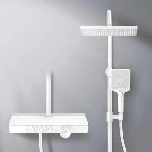 Produktbild: EMKE Duschsystem mit Thermostat KTW-Zertifizierung Duschset, 45cm Thermostatische Platte Duschsäuleset, Handbrause 3 Strahlarten,Regendusche mit Armatur,MattWeiß