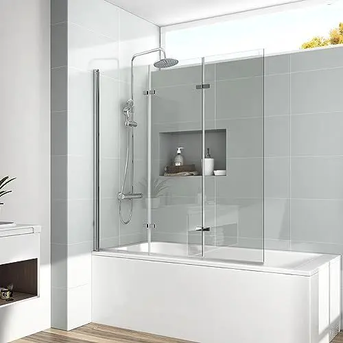 Produktbild: EMKE Duschtrennwand für Badewanne 130x140 cm, Duschwand für Badewanne Faltbar Faltwand Duschabtrennung Badewannenaufsatz 3 teilig 6 mm Sicherheitsglas Duschwand Badewanne Badewannenfaltwand