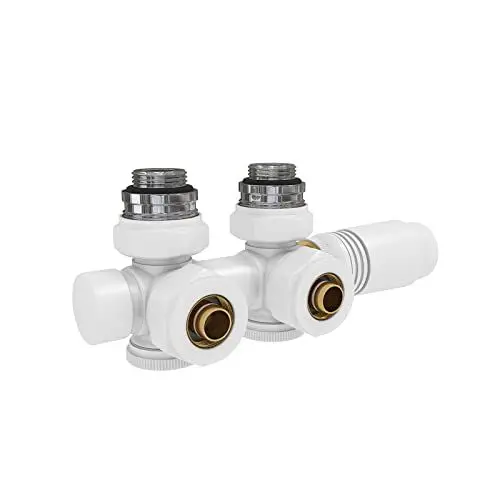 Produktbild: EMKE Hahnblock Multiblock Heizkörper Mittelanschluss Ventil-Armaturen Ventilhahnblock Set mit Thermostat, Eck und Durchgangsform, Heizkörperventil für Badheizkörper Weiß G1/2
