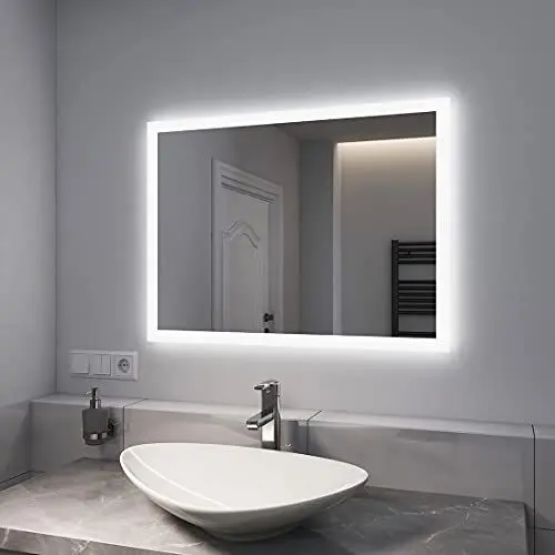 Produktbild: EMKE Badspiegel mit Beleuchtung 80x60cm Badezimmerspiegel mit Antibeschlag, Druckknopfschalter, Warmweißes Licht und Kaltesweißes Licht IP44 energiesparend Badspiegel