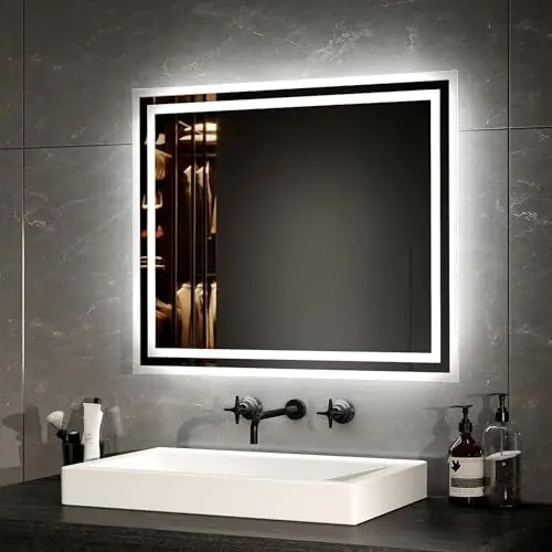 Produktbild: EMKE LED Badspiegel mit Beleuchtung 50x60cm LED Wandspiegel Warmweißes Licht und Kaltesweißes Licht Badspiegel Mit Separater Beschlagfrei+Taste IP44 energiesparend