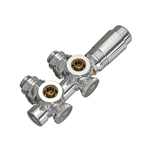 Produktbild: EMKE Multiblock Heizkörper Mittelanschluss, Hahnblock Heizkörper Ventil Eck- und Durchgangsform 50mm, Heizkörperventil mit thermostat für Badheizkörper Chrom (φ16mm * G1/2