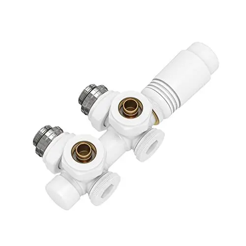 Produktbild: EMKE Multiblock Heizkörper Mittelanschluss, Hahnblock Heizkörper Ventil Eck- und Durchgangsform 50mm, Heizkörperventil mit thermostat für Badheizkörper Weiß (φ16mm * G1/2