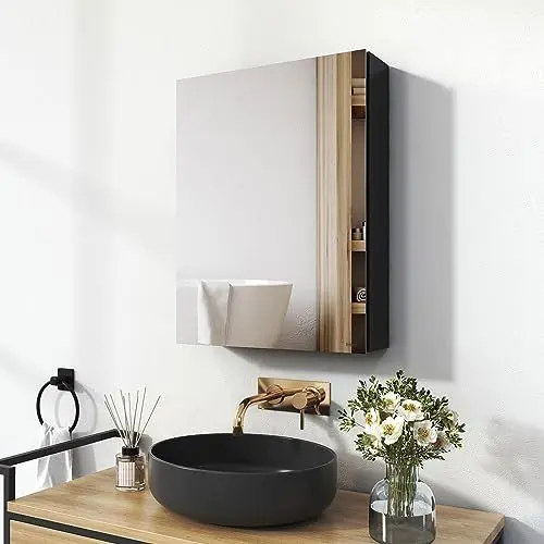 Produktbild: EMKE Spiegelschrank Bad, Badezimmer Spiegelschrank mit Spiegel, 50x65cm Badschrank Wandschrank mit höhenverstellbaren Glasablage (Schwarz Mattiert)