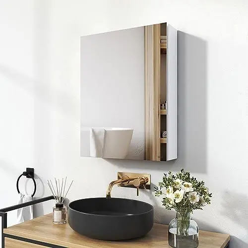 Produktbild: EMKE Spiegelschrank Bad, Badezimmer Spiegelschrank mit Spiegel, 50x65cm Badschrank Wandschrank mit höhenverstellbaren Glasablage (Weiß Mattiert)