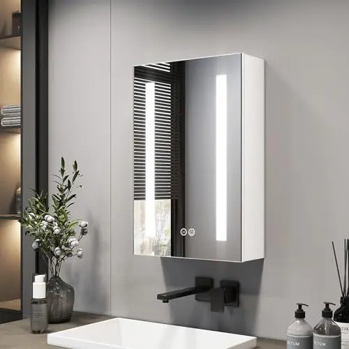 Produktbild: EMKE Spiegelschrank Bad mit Beleuchtung 40x60cm, 3 dimmbare Lichtfarben, Antibeschlag, Steckdose, Badezimmer Spiegelschrank mit Glasablage, Weißer Doppelspiegel, Speicherfunktion Spiegelschrank