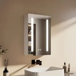 Produktbild: EMKE Spiegelschrank Bad mit Beleuchtung 40x60cm, Antibeschlag, 3 Lichtfarbe dimmbar, Steckdose, Spiegelschränke fürs Bad mit Glasablage, Speicherfunktion, Weiß doppelspiegel spiegelschrank