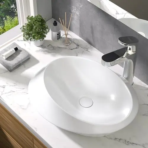 Produktbild: EMKE Waschbecken Aufsatzwaschbecken, Oval Handwaschbecken für Badezimmer & Gäste WC 60 x 45 x 15 cm, Klein Waschbecken Bad Waschschale Keramikwaschbecken Waschschalen Waschtisch Weiß