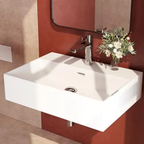 Produktbild: EMKE Waschbecken Eckiges Design Handwaschbecken, Hochwertige Keramik Hängewaschbecken mit dünnem Rand, Waschtisch Für Badezimmer Gäste-WC (515x365x130mm, Weiß)