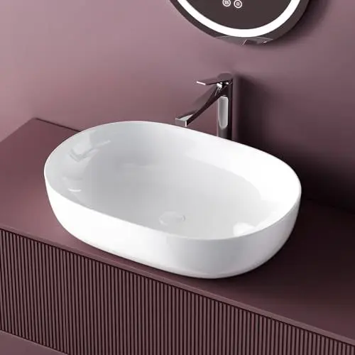 Produktbild: EMKE Waschbecken – Aufsatzwaschbecken Oval, 60 x 41 x 13 cm, Weiß, Kratzfest Waschbecken Bad, Leicht zu Installieren & Reinigen, Waschtisch für Bad & Gäste-WC
