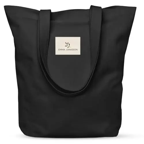 Produktbild: Emma Jonasson Jutebeutel mit Reißverschluss - Stilvoller Shopper Damen mit Innentasche - Einkaufstasche mit langem Henkel - Perfekte Tasche als Tote bag, Schultertasche, Stofftasche groß schwarz