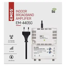 Produktbild: EMOS Breitband-Verstärker 25 dB (Frequenzbereich 47–230 MHz, 470–698 MHz) für DVB-T2, Kabelfernsehen oder Antennen, 1 Eingang, 2 Ausgänge, 10,5 x 13,5 x 4 cm