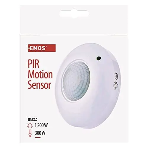 Produktbild: EMOS Infrarot-Bewegungsmelder Aufputz für Innen, Arbeitsfeld 360°, 6m Reichweite, Empfindlichkeit 3-2000 Lux, einstellbare Leuchtdauer, Installationshöhe 2,2 - 4 m, Weiß