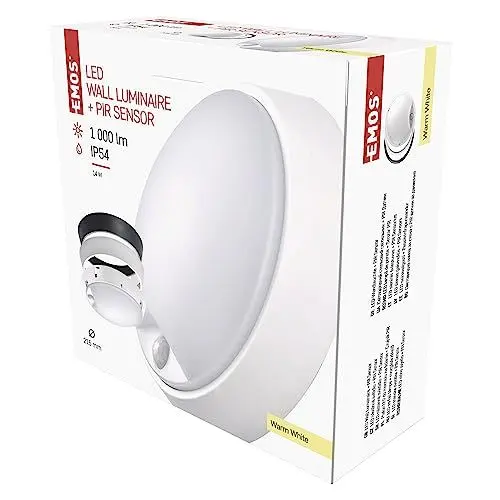 Produktbild: EMOS LED-Wandleuchte und Deckenleuchte mit Bewegungsmelder, rund, IP54 wasserdichte 14 W Außenleuchte für Balkon, Keller, Garage, Outdoor 1000 lm, warmweiß 3000K, 21,5cm ZM3131