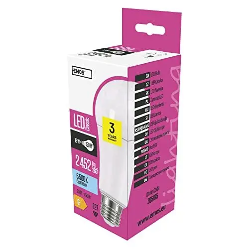 Produktbild: EMOS LED Lampe A67, 19 W Ersatz für 150 W Glühbirne, E27 Sockel, Helligkeit 2452 lm, Kaltweiß 6500 K, 30000 h Lebensdauer, CRI min. 80, 200° Abstrahlwinkel