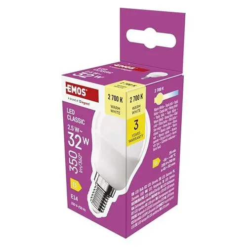 Produktbild: EMOS LED Lampe Mini Globe, 2,5W Ersatz für 32W Glühbirne, kleine Birne mit E14 Sockel, Helligkeit 350 lm, Warmweiß 2700 K, 30000 h Lebensdauer, CRI min. 80, 150° Abstrahlwinkel