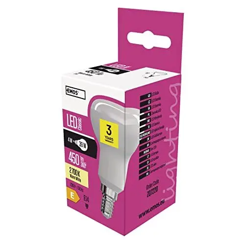 Produktbild: EMOS LED Lampe R50 Reflektorlampe, 4W Ersatz für 39W Glühbirne, E14 Sockel, Helligkeit 450 lm, Warmweiß 2700 K, 30000 h Lebensdauer, CRI min. 80, 120° Abstrahlwinkel