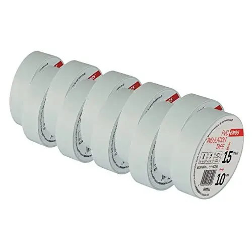 Produktbild: EMOS PVC-Isolierband Weiß 10er Pack, 15mm x 10m, 0,13mm Bandstärke, selbstklebend, hohe Spannungsfestigkeit und Anwendungstemperaturbereich, UV-beständig, wasserdichte Verbindung, ohne Textilgewebe