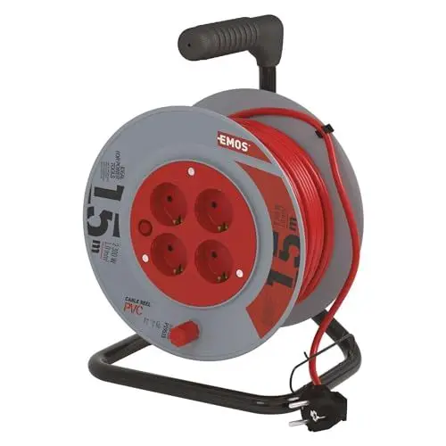 Produktbild: EMOS - Kabeltrommel 15m - 4 Schuko-Steckdosen - 230 V, 10 A, 2300 W - hochwertige PVC-Isolierung - H05VV-F3G 1,0 mm2 - Überhitzungsschutz, Spulenbremse - IP20 für Innen