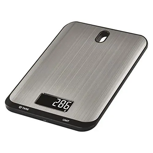 Produktbild: EMOS - digitale Küchenwaage mit Wandhalterung - aus Edelstahl - 10kg Maximalgewicht, Präzision bis zu 1g - TARA-Funktion, LCD-Display, inkl. Batterien - in g, kg, ml, oz, lb, tl einstellbar - silber
