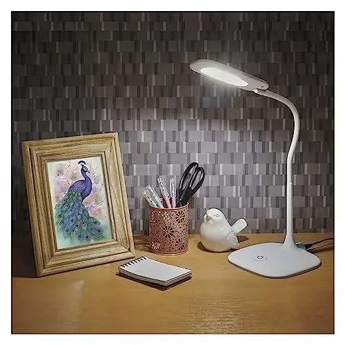 Produktbild: EMOS dimmbare LED Tischlampe STELLA 6,5W, Helligkeit max. 400lm, Lichtfarbe 4000K, flexibler Arm, 1,7m Netzkabel mit EURO-Adapter, CRI>80, Leuchtdauer 30000 h, weiß