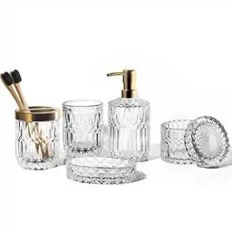 Produktbild: EMPO 6-teiliges Badezimmer-Zubehör-Set aus klarem Glas (Lotion-Seifenspender, Seifenschale, Zahnbürstenhalter, Becher, Wattestäbchen-Glas), Moderne Dekoration, Kristall-Vintage-Geschenk (Transparent)