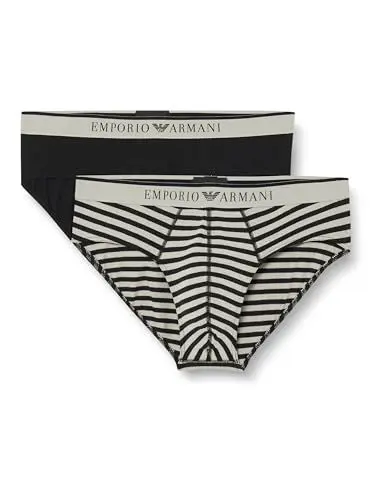 Produktbild: EMPORIO ARMANI Herren Stretch Cotton Yarn Dyed Striped 2pack Briefs, Black/Stone Stripe, M (2er Pack)