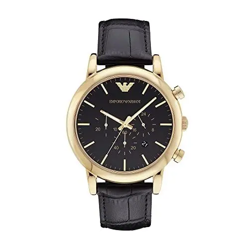 Produktbild: Emporio Armani Watch For Men, Chronograph Movement and 46mm Case Size with Stainless steel, Leather or Silicone strap Schwarz und Goldton , 46MM