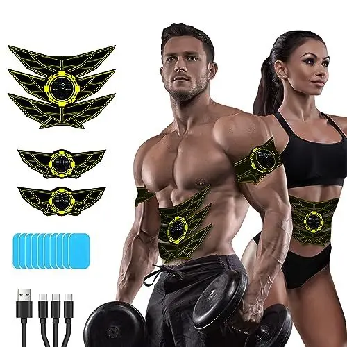 Produktbild: SEVEKO EMS Bauchmuskeltrainer Bauchtrainer, Bauchmuskeltrainer, Sicher Effektiv Schneller EMS Trainingsgerät, Ganzkörper-Muskeltrainer, 8 Modi und 15 Intensitäten, 10 Stück Ersatz-Hydrogels (Gelb)