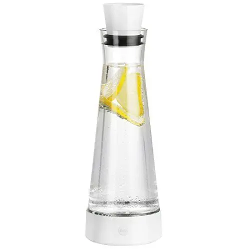 Produktbild: Emsa 515475 Flow Slim Friends Glaskaraffe | mit Kühlelement | 1 Liter | Automatische Verschlussklappe | bis zu 4 Stunden kalt | Weiß