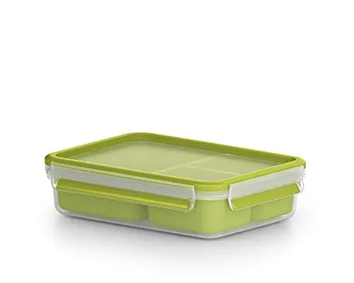 Produktbild: Emsa Clip & Go 518100 Lunch- und Snackbox | Mit 3 praktischen Einsätzen und Deckel | Volumen: 1,2 Liter | Transparent/Grün | 1 Stück (1er Pack)