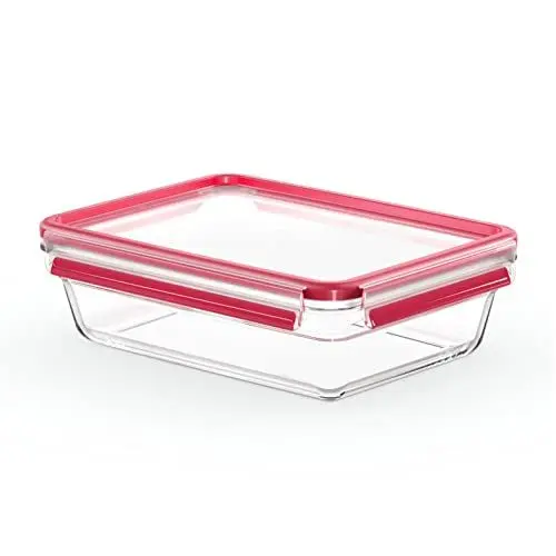 Produktbild: Emsa Glasbehälter mit Deckel groß, 2 Liter Frischhaltedose, backofengeeignet, gefriersicher, spülmaschinenfest, rutschfestes Stapeln möglich, transparent/rot
