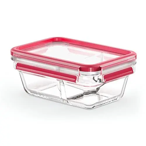 Produktbild: Emsa N10407 Clip & Close Glas Frischhaltedose inkl. Abtrennung | 0,8 L | stapelbar | gefrierfest | backofenfest | mikrowellenfest | 100% dicht | spülmaschinenfest | Transparent/Rot